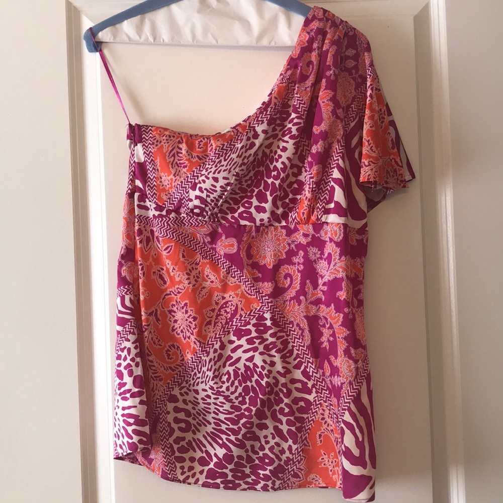 Cache silk one shoulder blouse